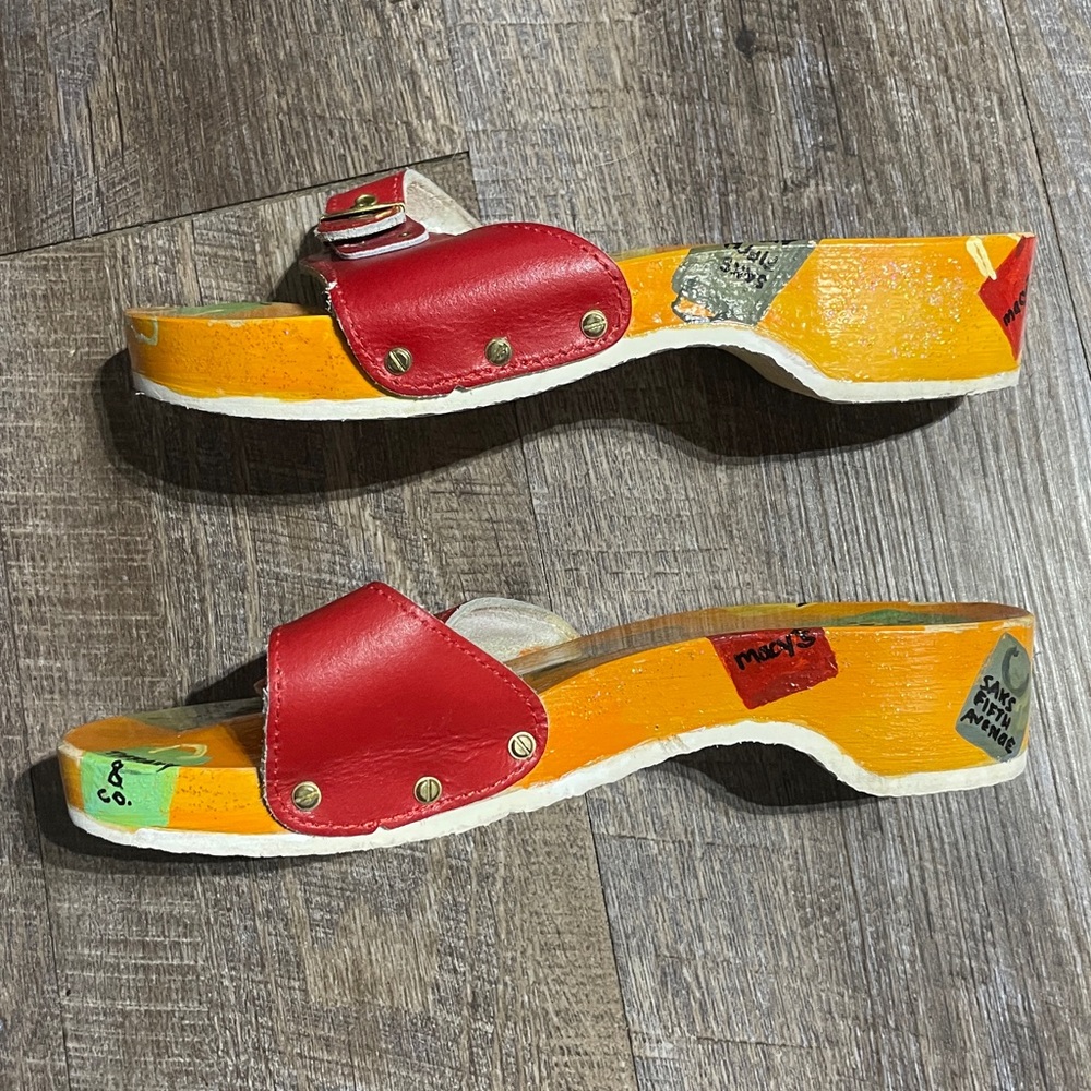 Dr. Scholl's Hand Painted Leather & Wooden Kitten Heel Sandals - Picture 6 of 9